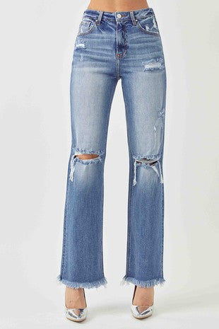 Dark Distressed High Rise Straight Leg