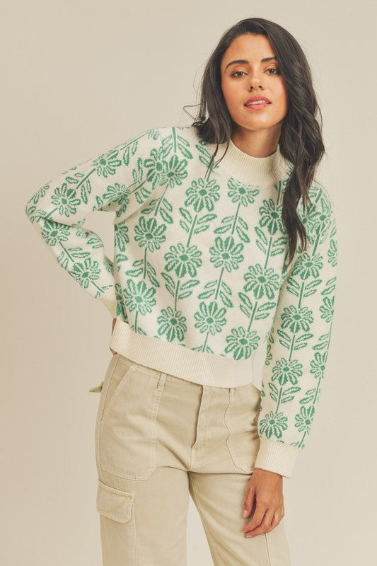 Green Floral Knit Sweater