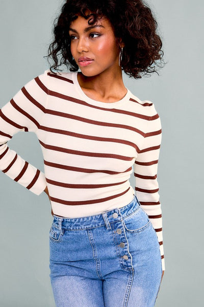 Brown Stripe Round Neck Bodysuit