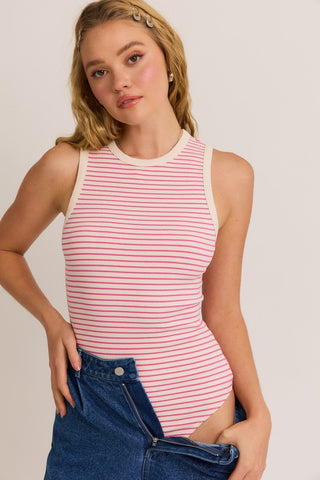 Pink Round Neck Striped Bodysuit