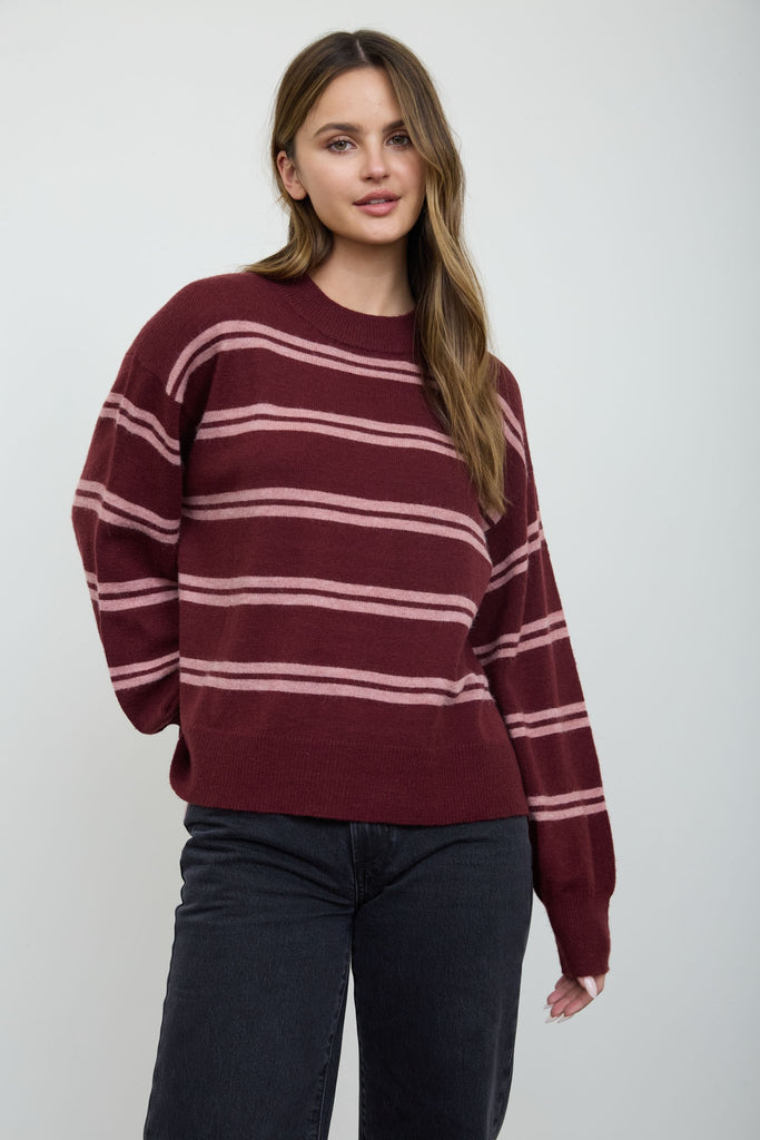 Burgundy Stripe Crew Neck Sweater