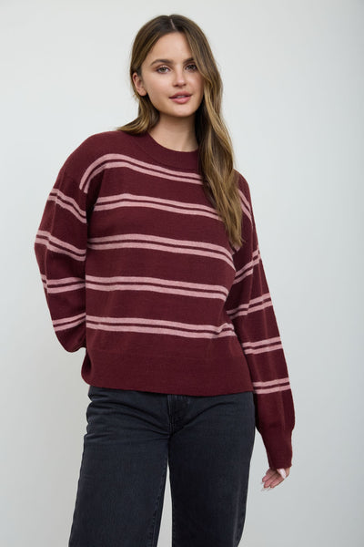 Burgundy Stripe Crew Neck Sweater