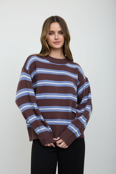 Brown Stripe Crew Relaxed Sweater