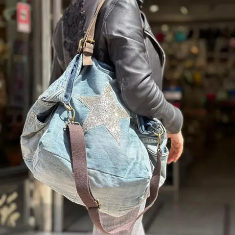 Denim Bag with Leather Handles
