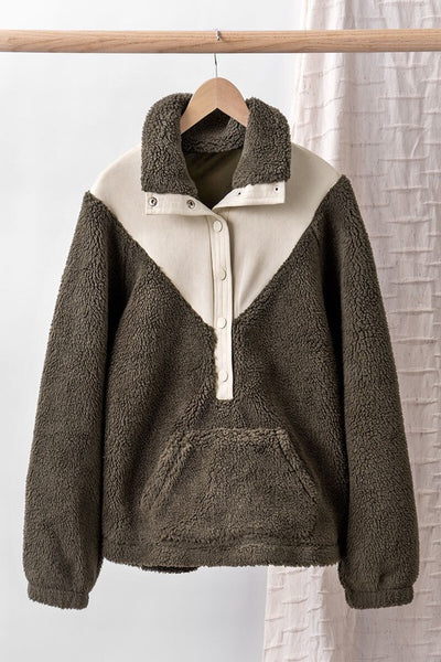 Olive Faux Suede Fleece Pullover